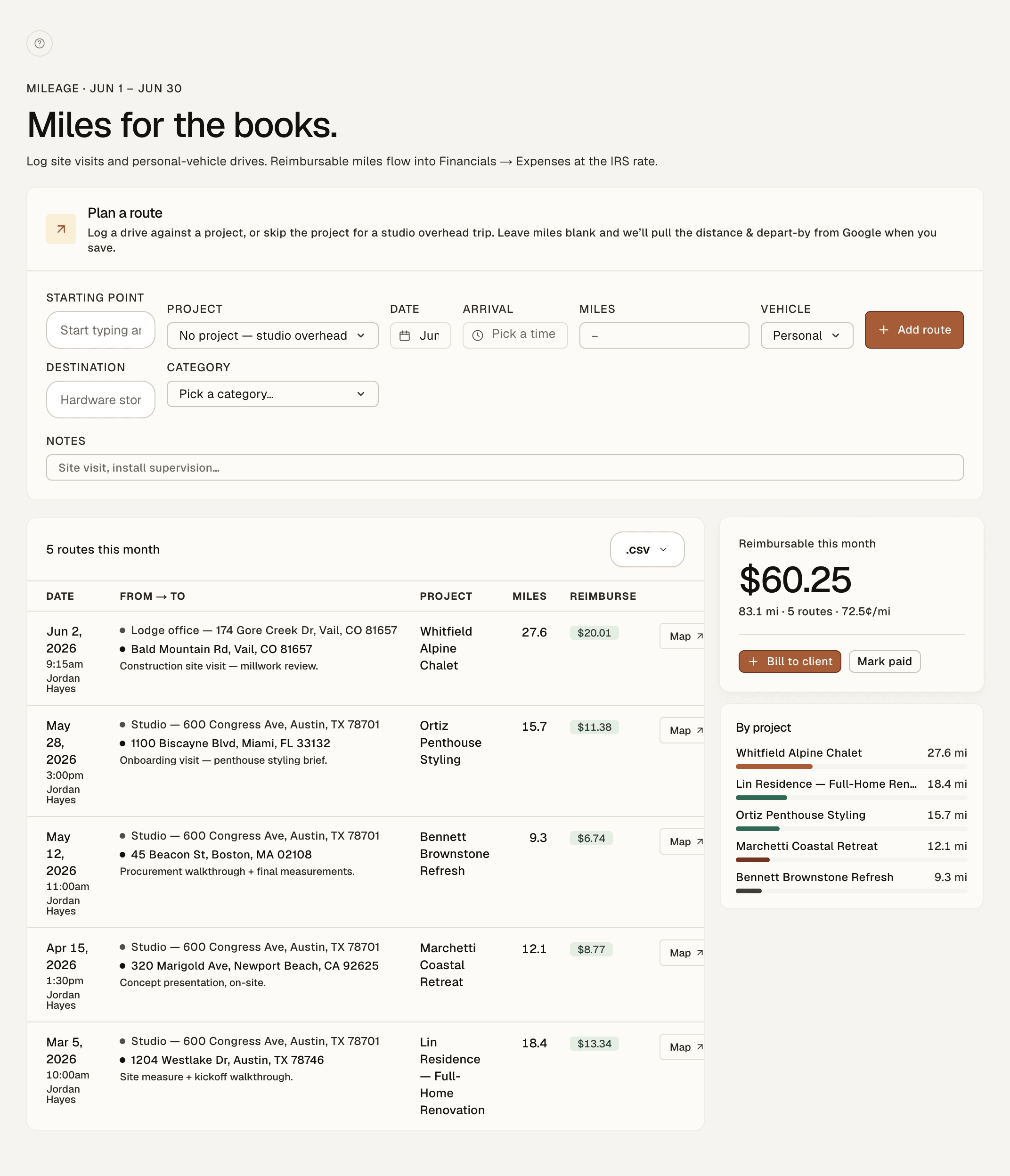 Studiohaus route planner logging studio drives with reimbursable totals billed to client projects